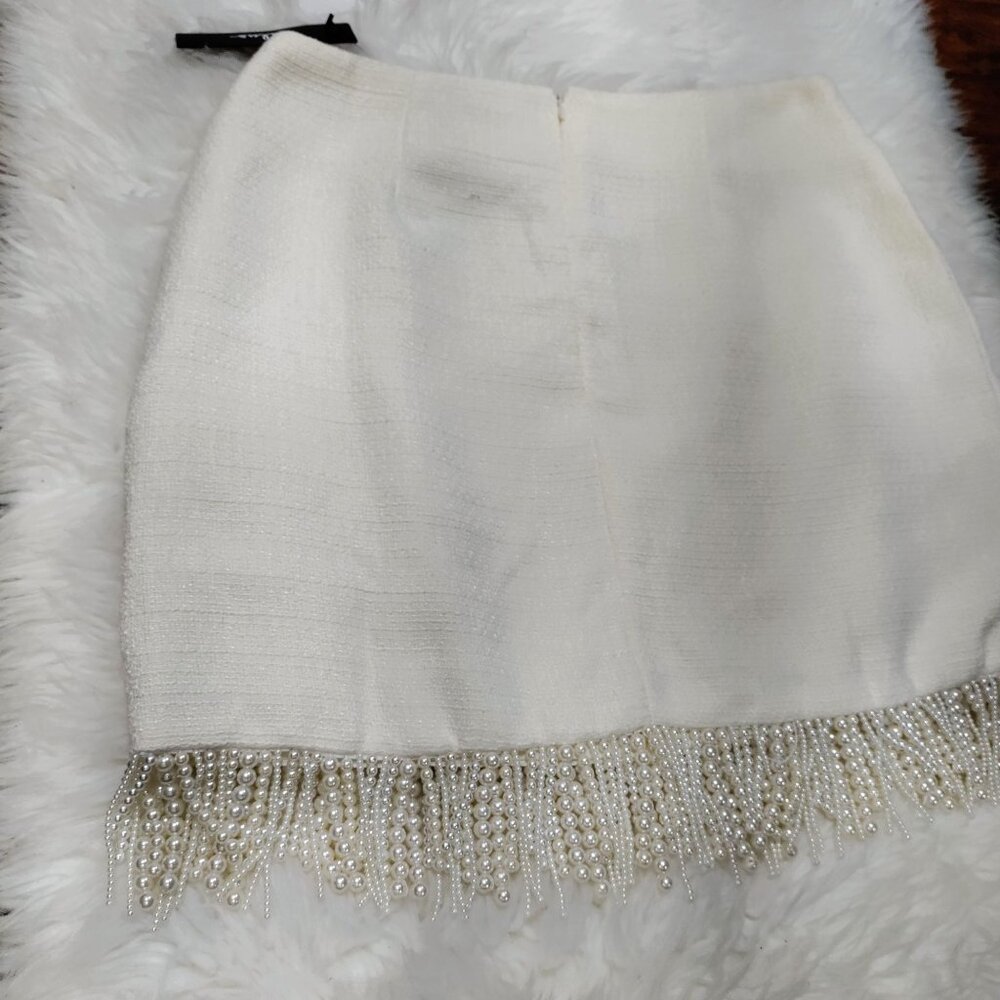 Lulus Boho Sweetly Elite Ivory Tweed Pearl Fringe High-Rise Mini Skirt M, NWT - Picture 5 of 11